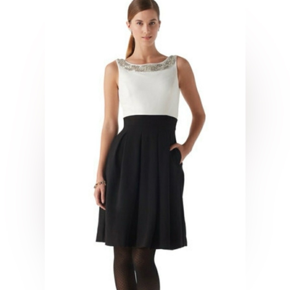 Elegant Black and White Dress with Embellished Neckline. WHBM
